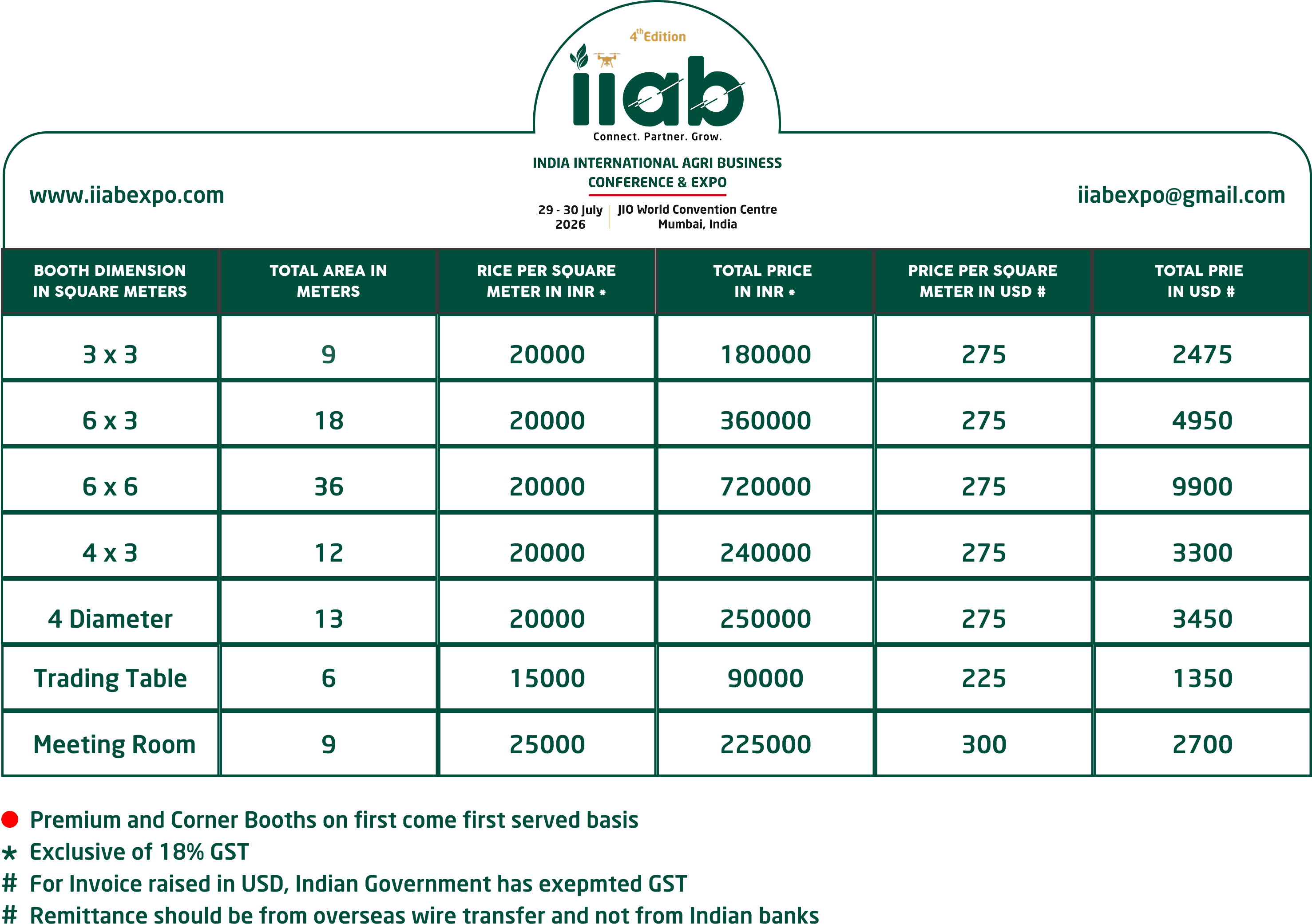 Booth Booking Prices